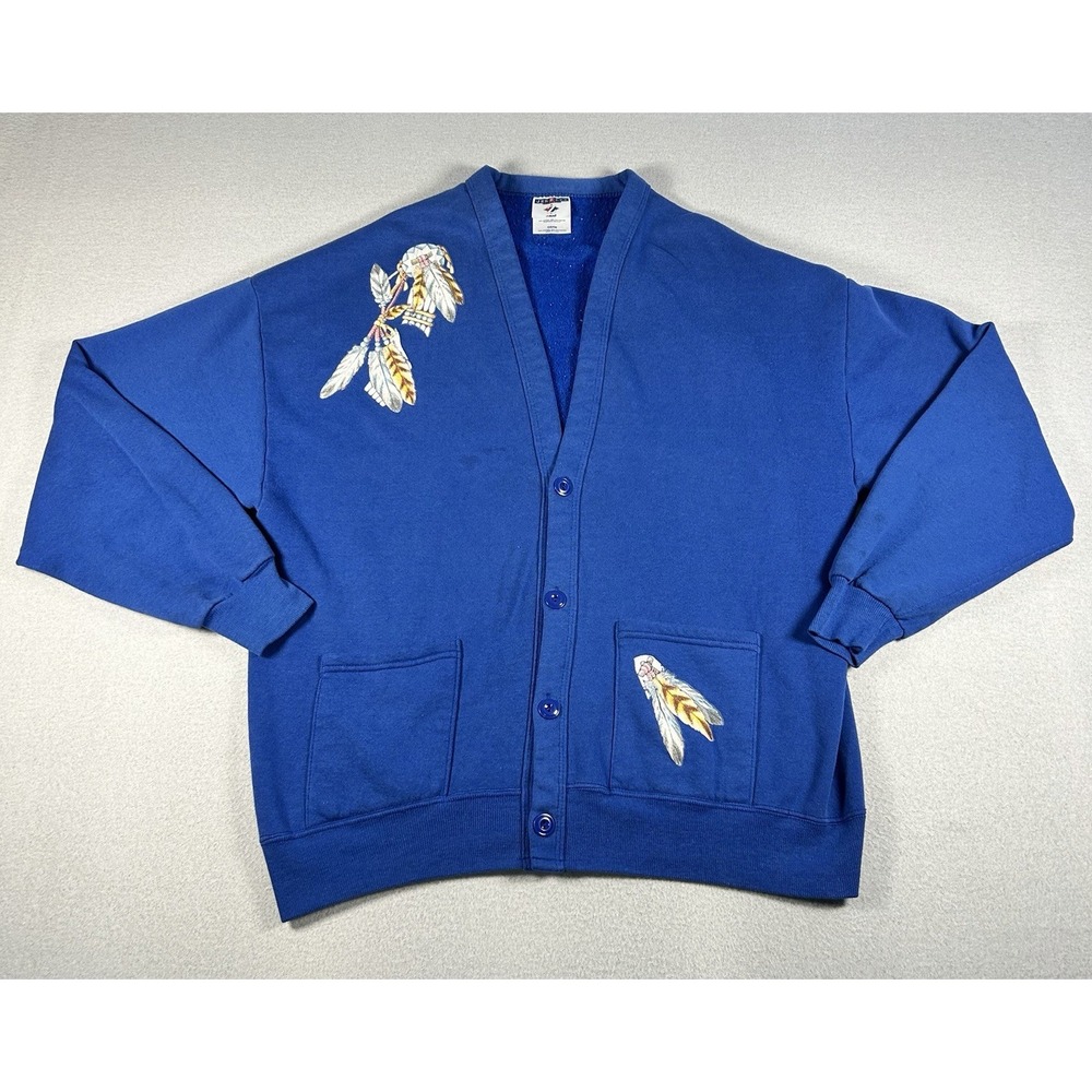 VTG Jerzees Button Front Cardigan Sweater One Size Native American Feathers 90s